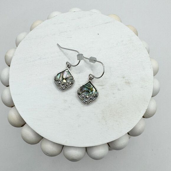 Sterling Silver Abalone Marcasite Sparkling Iridescent Drop Earrings SLC 925 Th - Picture 9 of 16